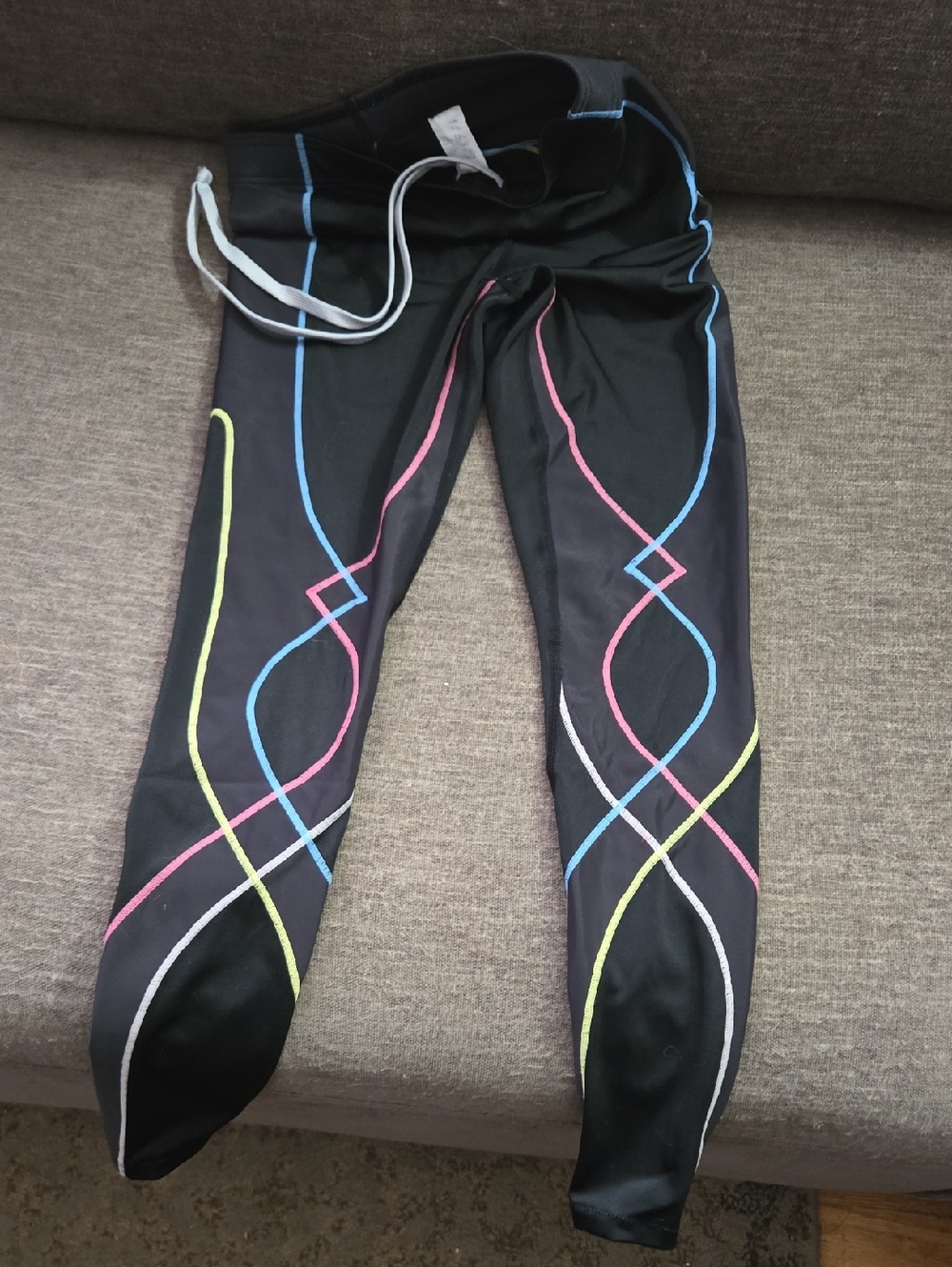 CW-X Black Leggings with Pink, Blue, Yellow & White Accents